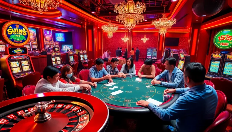 Engaging players in a competitive đánh bài đổi thưởng session at a lively casino table.
