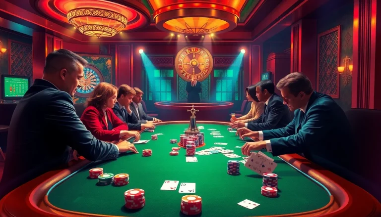 Players strategizing in a intense poker game while enjoying đánh bài đổi thưởng at a luxurious casino.